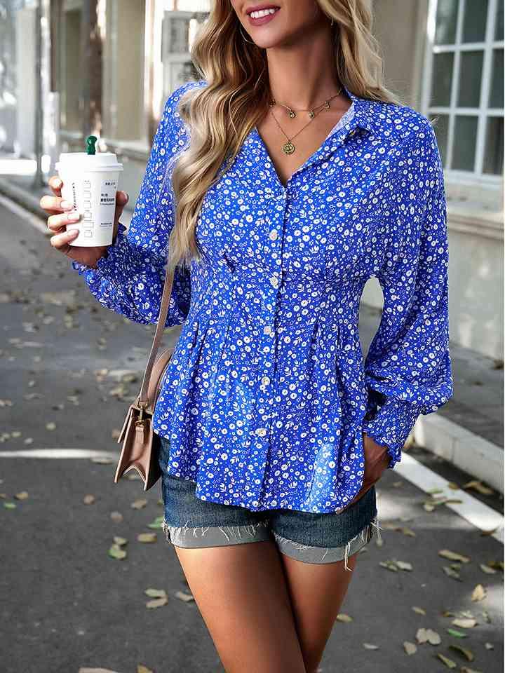 Printed Button-Up Lantern Sleeve Shirt Button-Up Trendsi Cobalt Blue S 