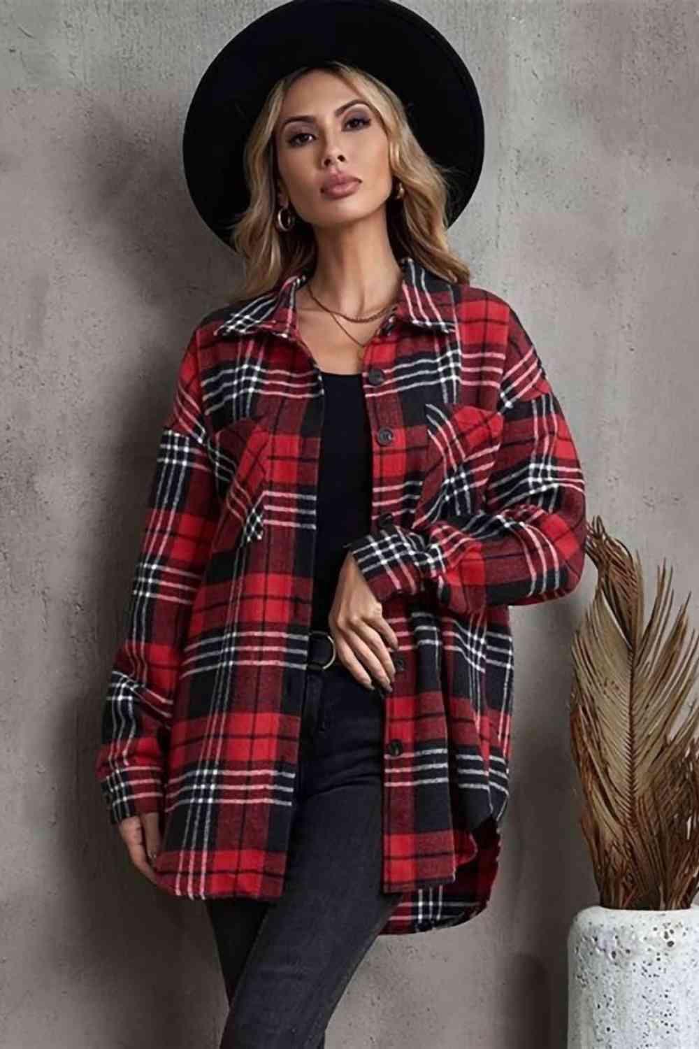 Plaid Collared Neck Button Up Jacket Jackets Trendsi   