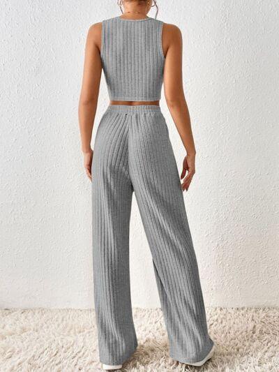 Ribbed Round Neck Tank and Pants Sweater Set Pant Set Trends   