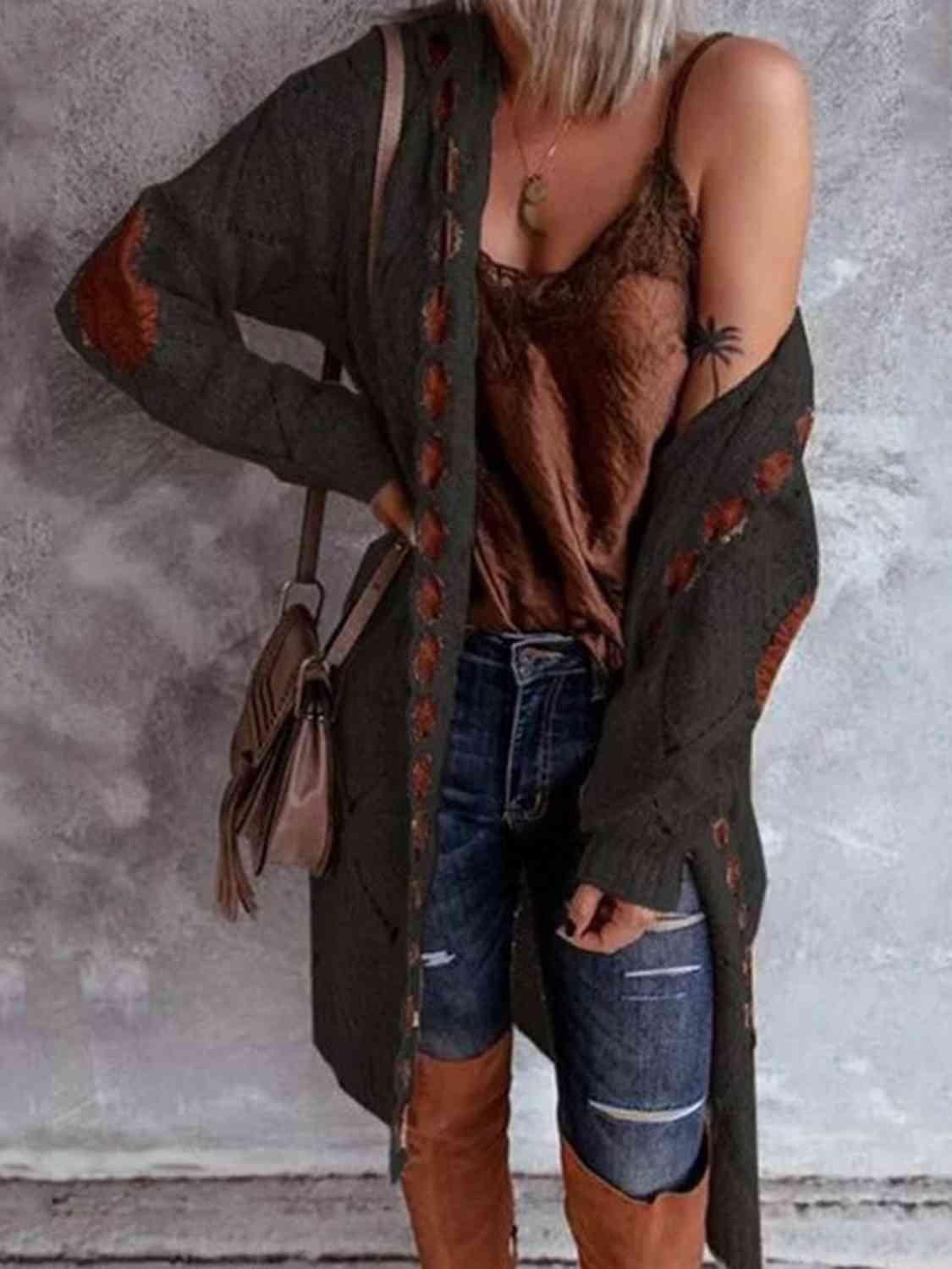 Openwork Long Sleeve Open Front Hooded Cardigan Cardigans Trendsi   