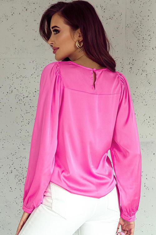 Round Neck Ruff Sleeve Blouse Blouses Trendsi   