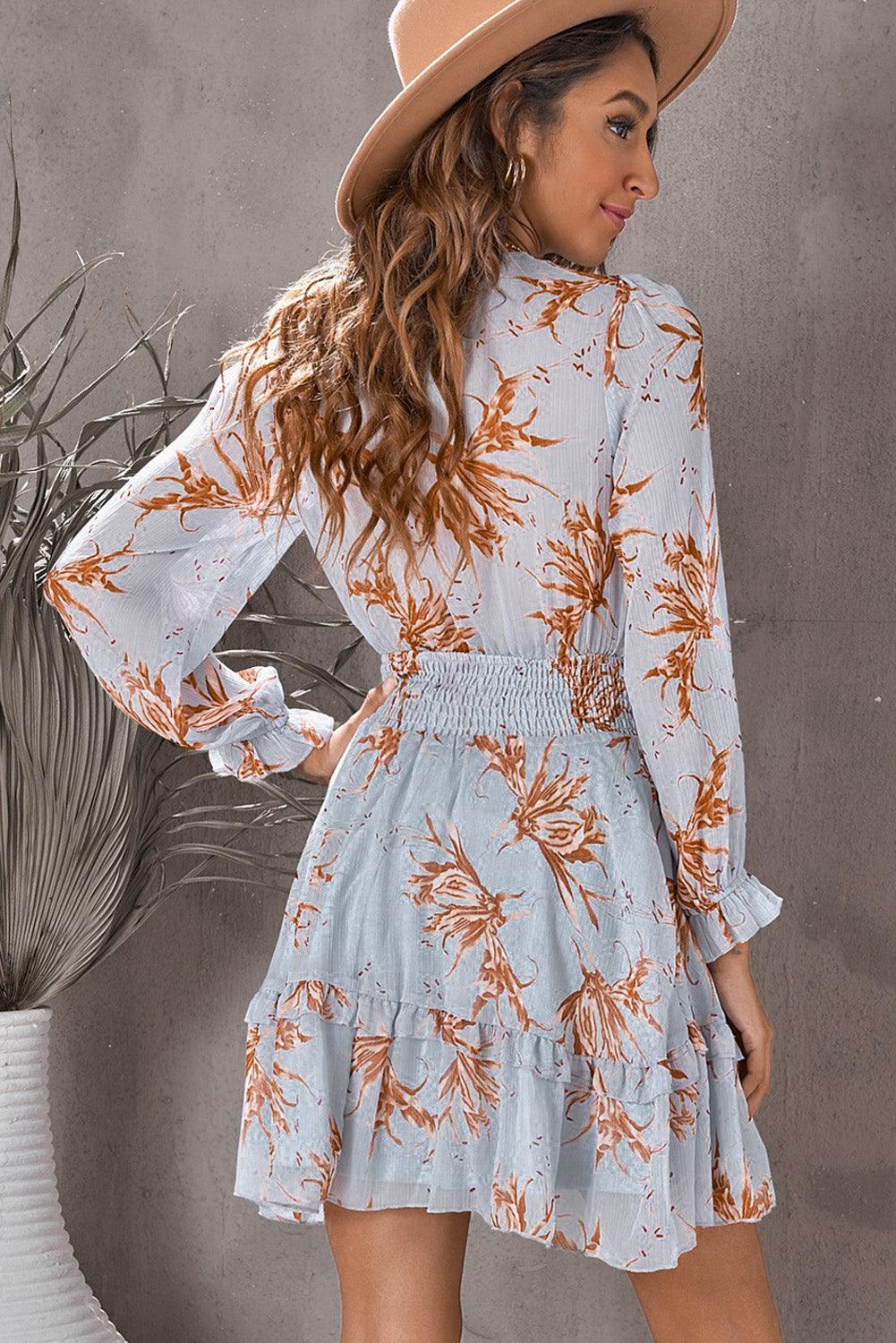 Floral Deep V Flounce Sleeve Mini Dress Dresses White   