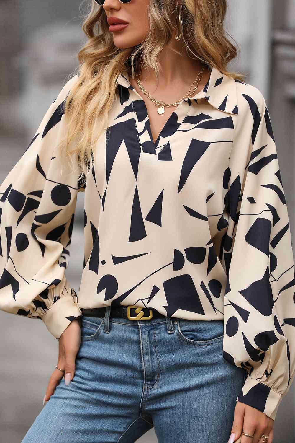Printed Johnny Collar Blouse Blouses Trendsi   