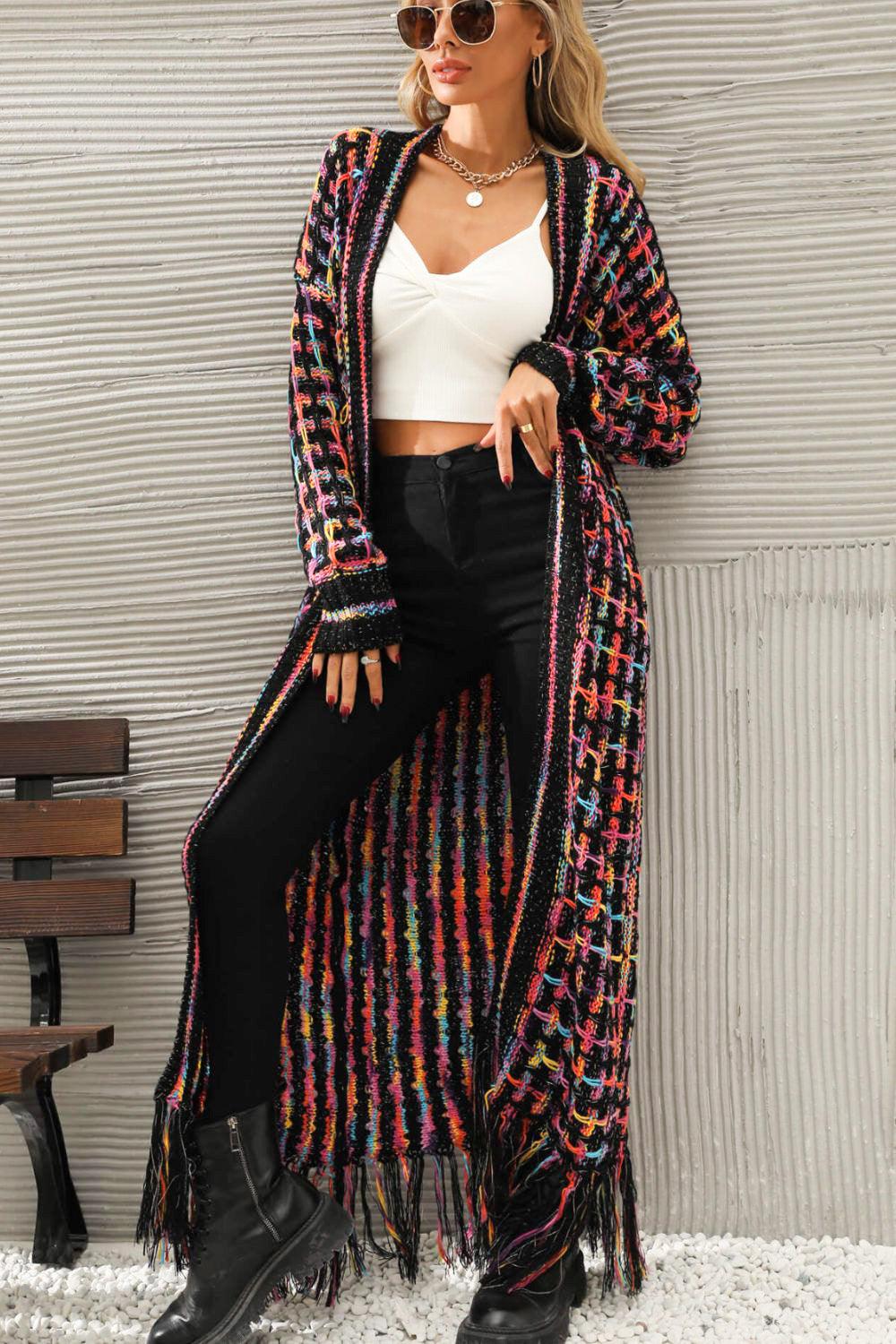 Multicolored Fringe Hem Cardigan Cardigans White   