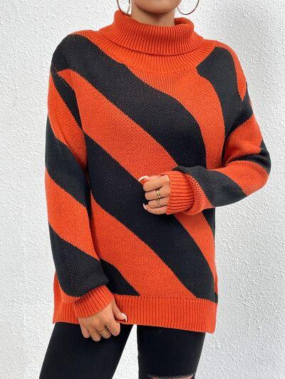 Striped Turtleneck Dropped Shoulder Sweater Sweaters Trendsi   