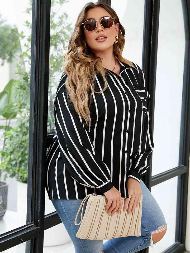 Plus Size Long Sleeve Striped Shirt Tops Trendsi   