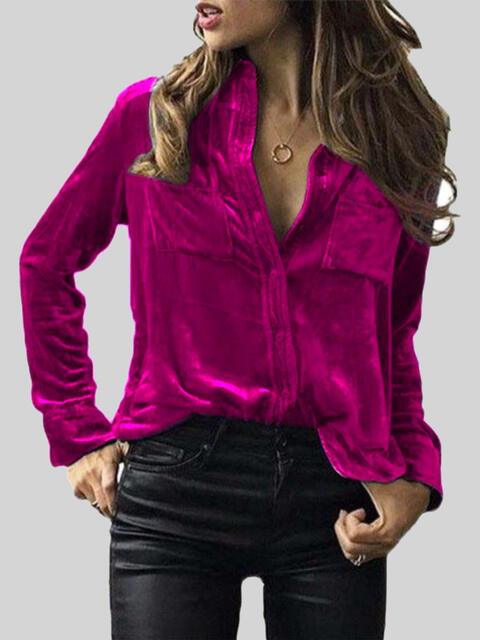 Button Up Collared Shirt with Breast Pockets Blouses Trend Deep Rose S 