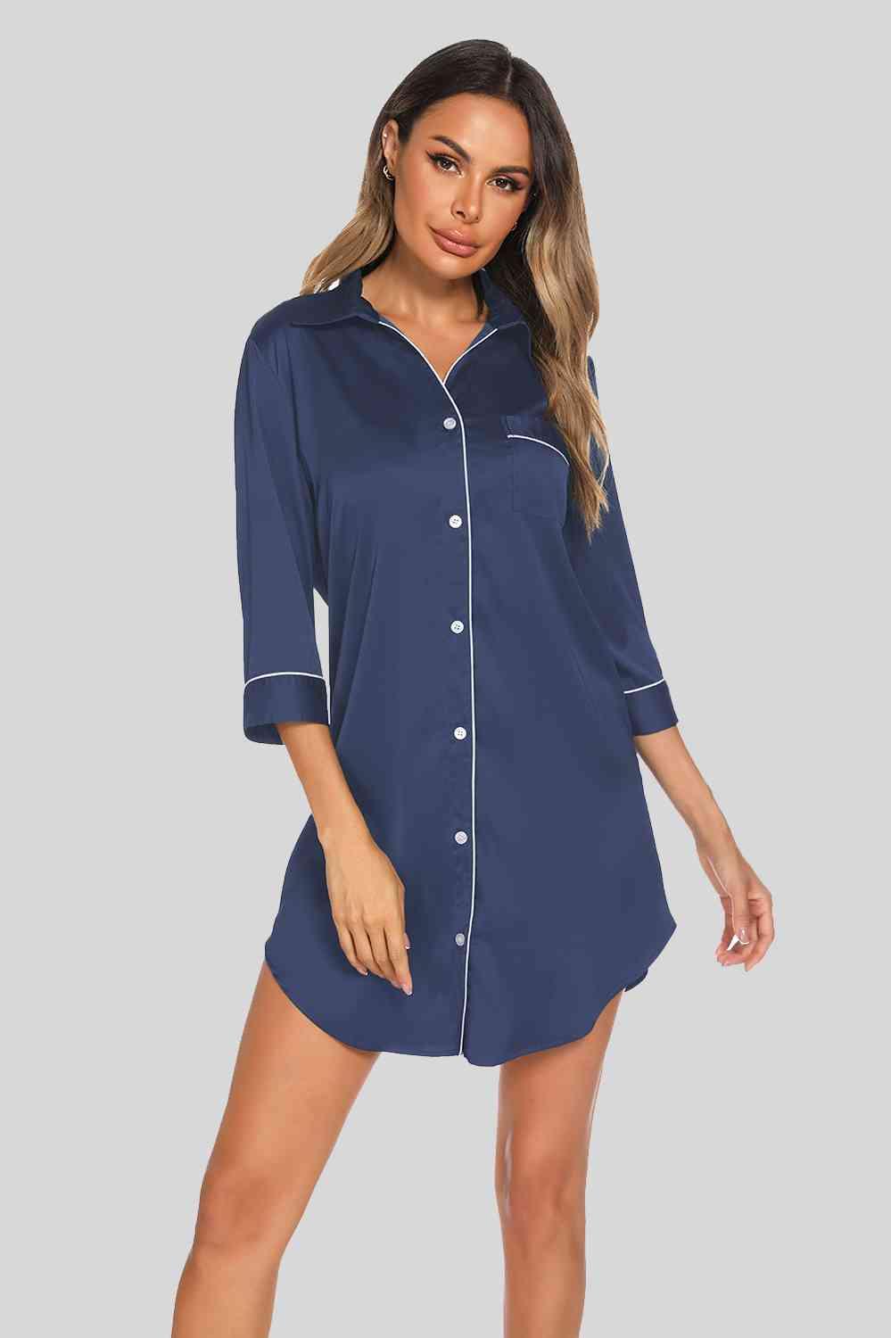 Button Up Collared Neck Night Dress with Pocket Loungewear Trend French Blue S 