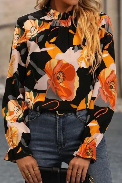 Floral Mock Neck Flounce Sleeve Blouse Blouses Trends Black S 