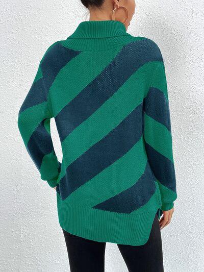 Striped Turtleneck Dropped Shoulder Sweater Sweaters Trendsi   