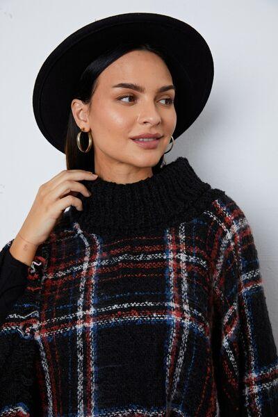 Turtleneck Plaid Raw Hem Poncho Sweater Tops Trendsi   