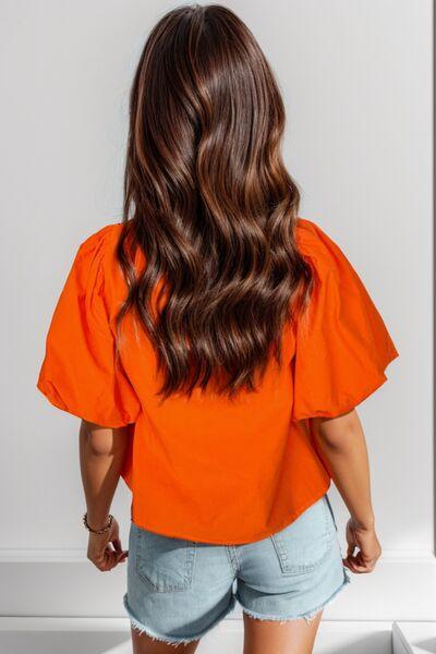 Openwork Round Neck Balloon Sleeve Blouse Blouses Trends   