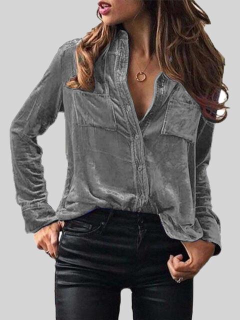 Button Up Collared Shirt with Breast Pockets Blouses Trend   