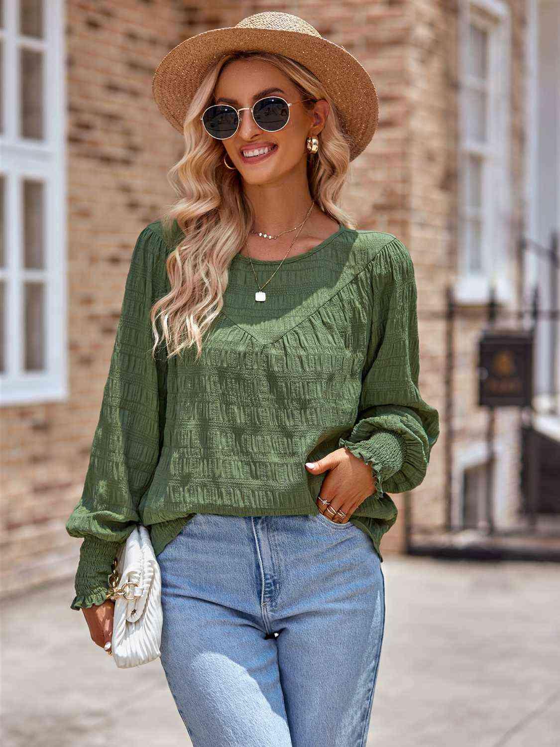 Round Neck Lantern Sleeve Blouse Blouses Trendsi   