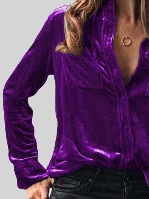 Button Up Collared Shirt with Breast Pockets Blouses Trend   