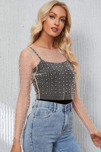 Pearl Mesh Log Sleeve Cropped Top Blouses Trendsi   