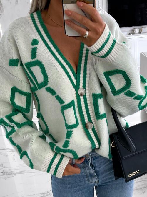 Geometric Dropped Shoulder Button Down Cardigan Cardigans Trend   