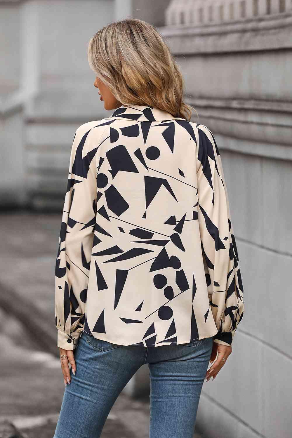 Printed Johnny Collar Blouse Blouses Trendsi   