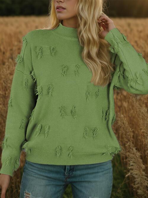 Fringe Detail Long Sleeve Mock Neck Sweater Sweaters Trends   