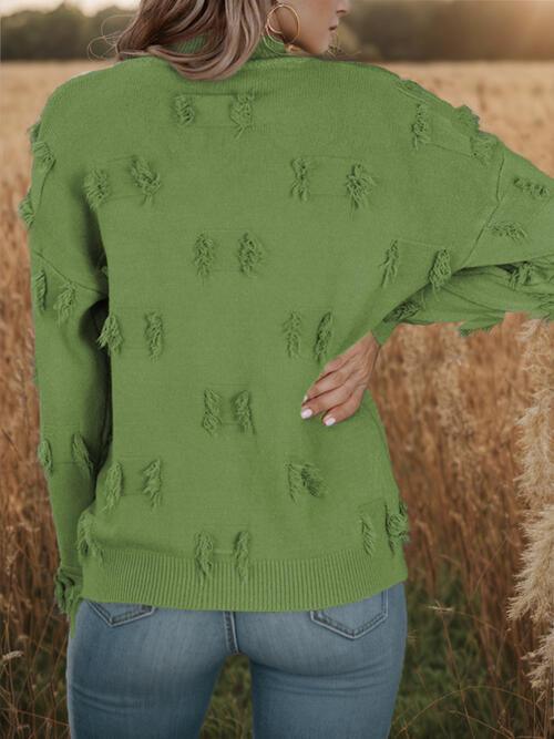Fringe Detail Long Sleeve Mock Neck Sweater Sweaters Trends   
