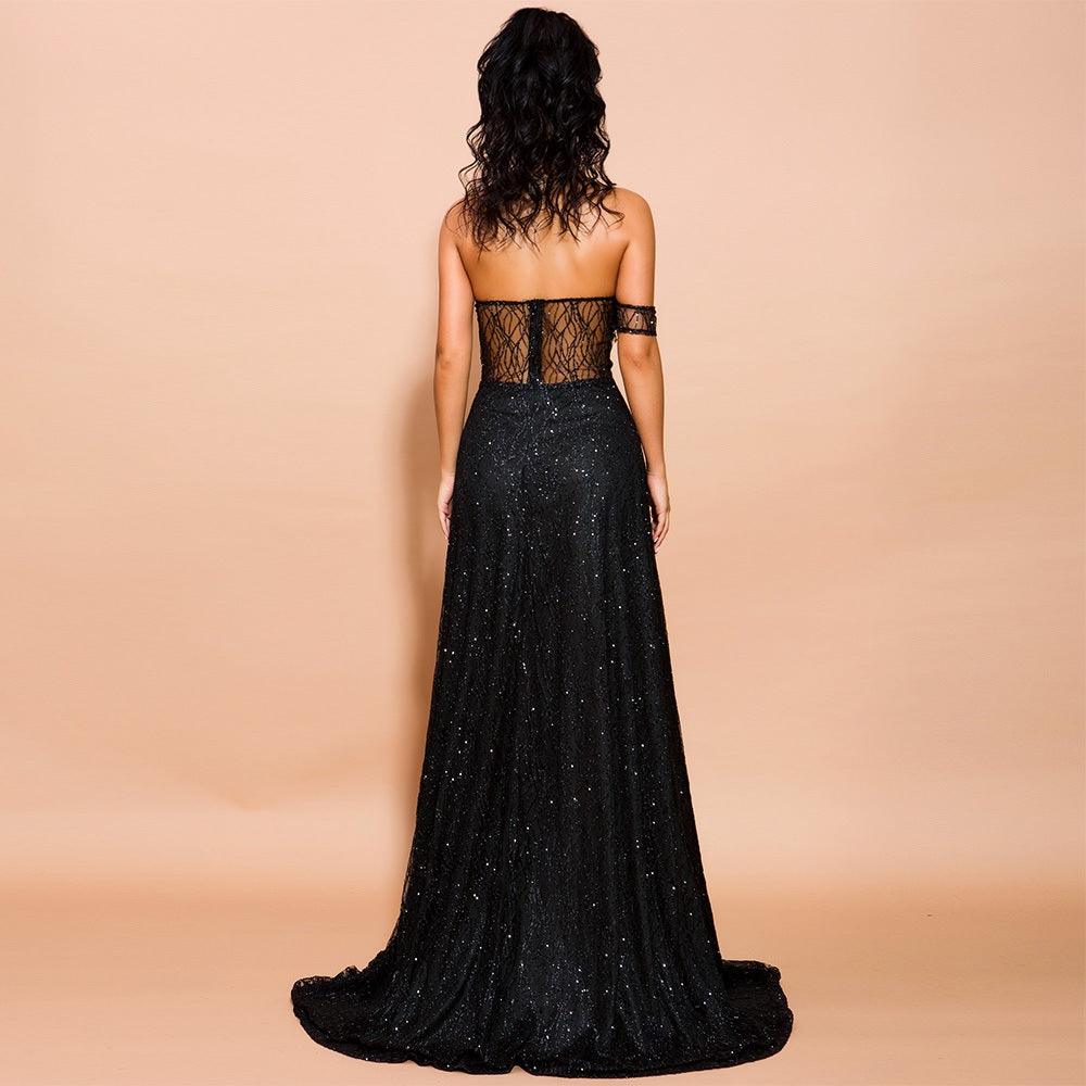 Strapless Black High Front Slit Gown Dresses Evelyn Belluci   