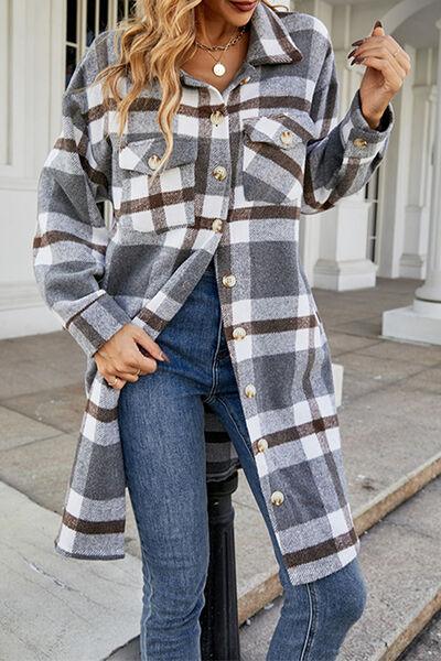 Plaid Button Up Collared Neck Jacket with Pockets Jackets Trendsi   