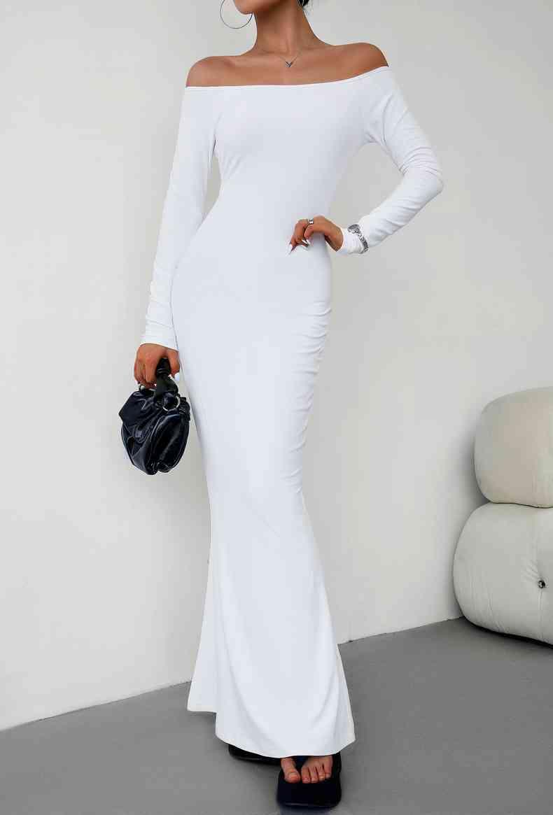 Off-Shoulder Long Sleeve Maxi Dress Dresses Trendsi White S 