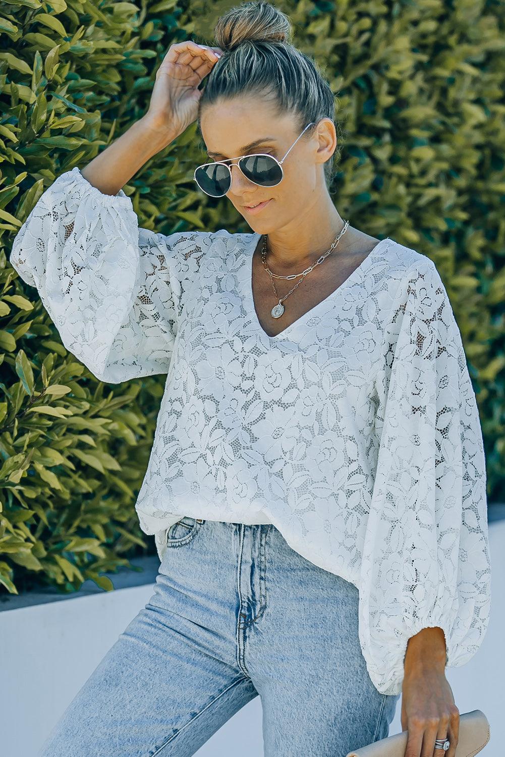 Lace Balloon Sleeve V-Neck Blouse Blouses White White S 