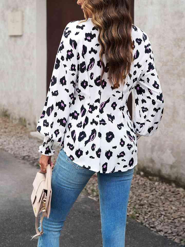 Printed Button-Up Lantern Sleeve Shirt Button-Up Trendsi   