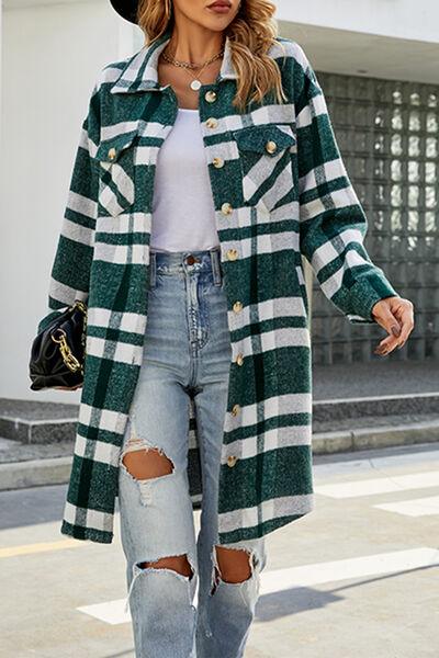 Plaid Button Up Collared Neck Jacket with Pockets Jackets Trendsi   
