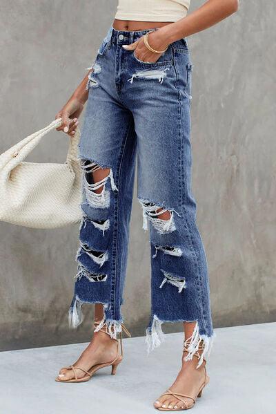 Distressed Raw Hem Jeans with Pockets Jeans Trendsi   