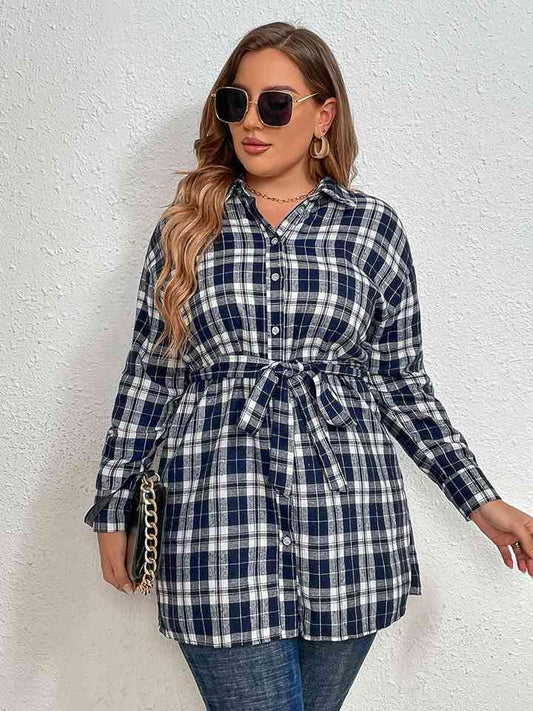 Plaid Collared Neck Tie Waist Shirt Tops Trendsi Royal  Blue 1XL 