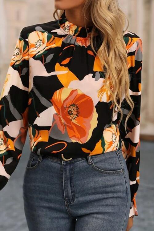 Floral Mock Neck Flounce Sleeve Blouse Blouses Trends   