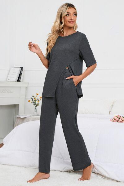 Round Neck Slit Top and Pants Lounge Set Loungewear Trendsi   
