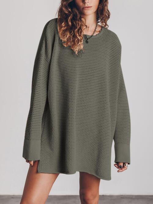 Openwork Round Neck Long Sleeve Slit Sweater Sweaters Trendsi   