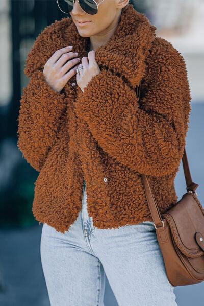 Fuzzy Snap Down Long Sleeve Jacket Jackets Trendsi   