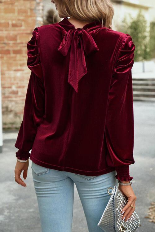 Mock Neck Velvet Long Sleeve Blouse Blouses Trends   