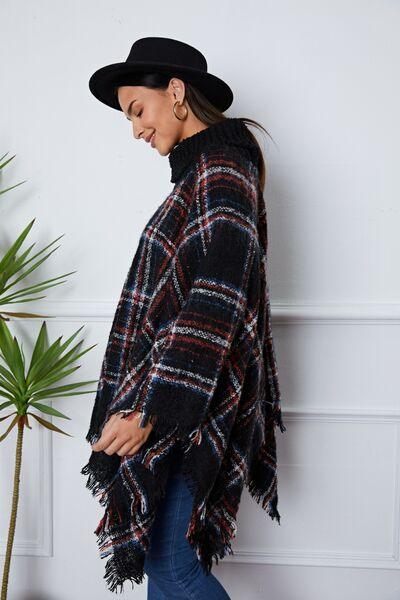 Turtleneck Plaid Raw Hem Poncho Sweater Tops Trendsi   