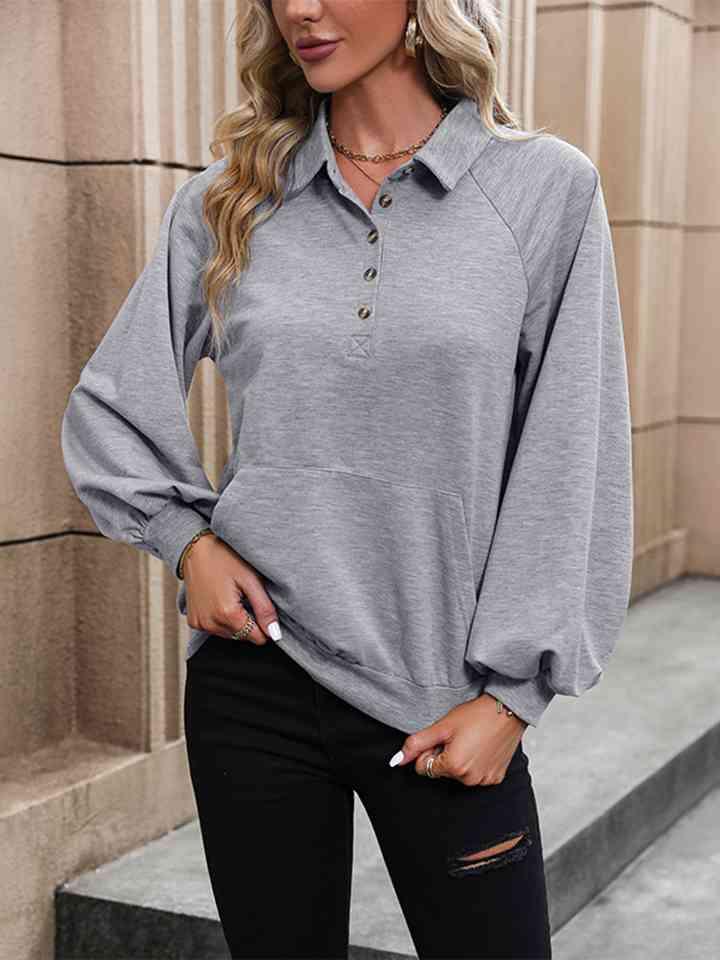 Bishop Sleeve Collared Sweatshirt Sweatshirts Trends Cloudy Blue S 