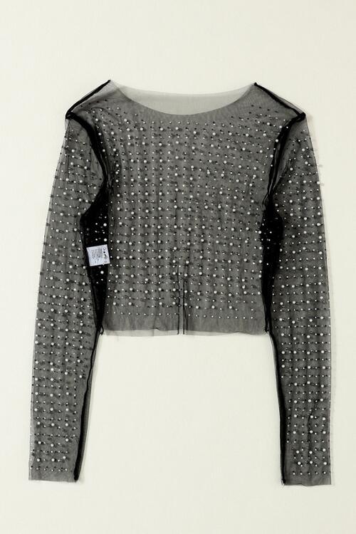 Pearl Mesh Log Sleeve Cropped Top Blouses Trendsi   