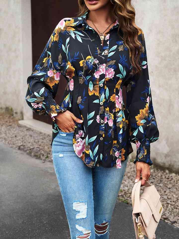 Printed Button-Up Lantern Sleeve Shirt Button-Up Trendsi Green S 