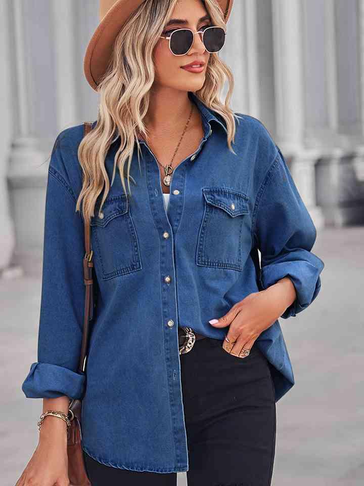 Long Sleeve Denim Shirt Tops Trendsi Medium S 