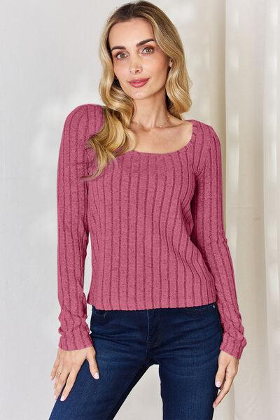 Ribbed Long Sleeve Shirt Tops Trendsi Hot Pink S 