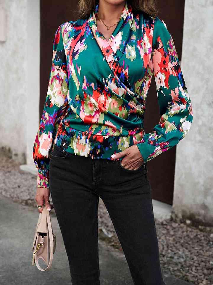 Printed Long Sleeve Wrap Look Blouse Blouses Trendsi Green S 