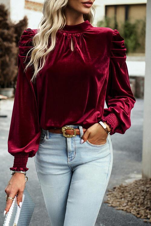 Mock Neck Velvet Long Sleeve Blouse Blouses Trends   