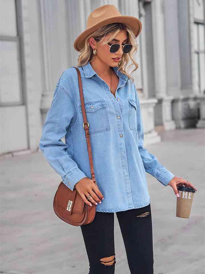 Long Sleeve Denim Shirt Tops Trendsi   