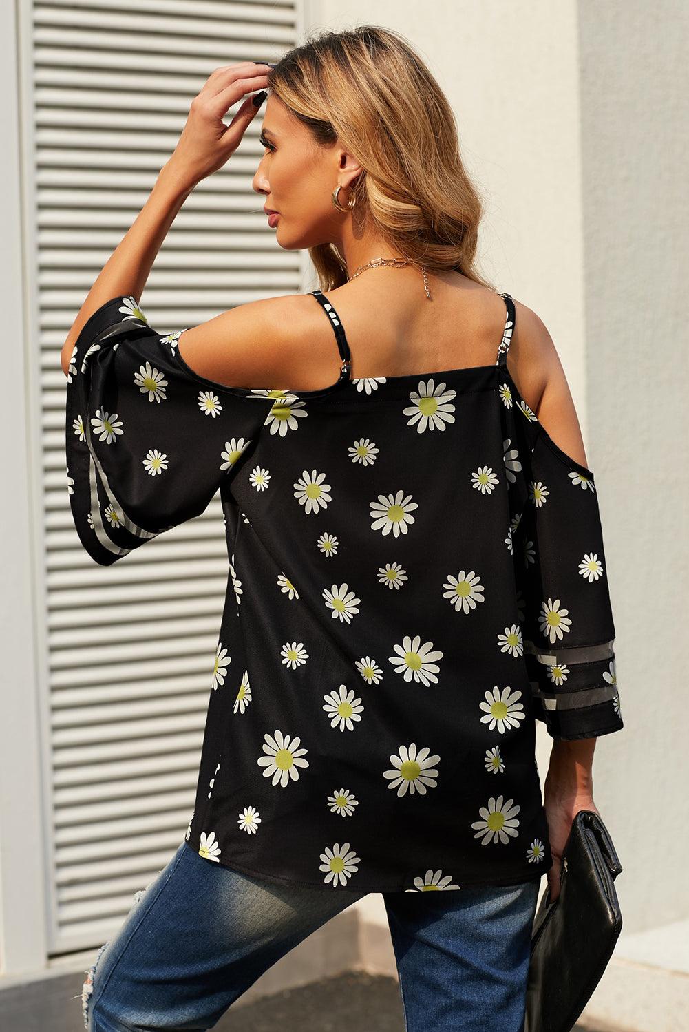 Cold-Shoulder Three-Quarter Flare Sleeve Blouse Blouses Trends   