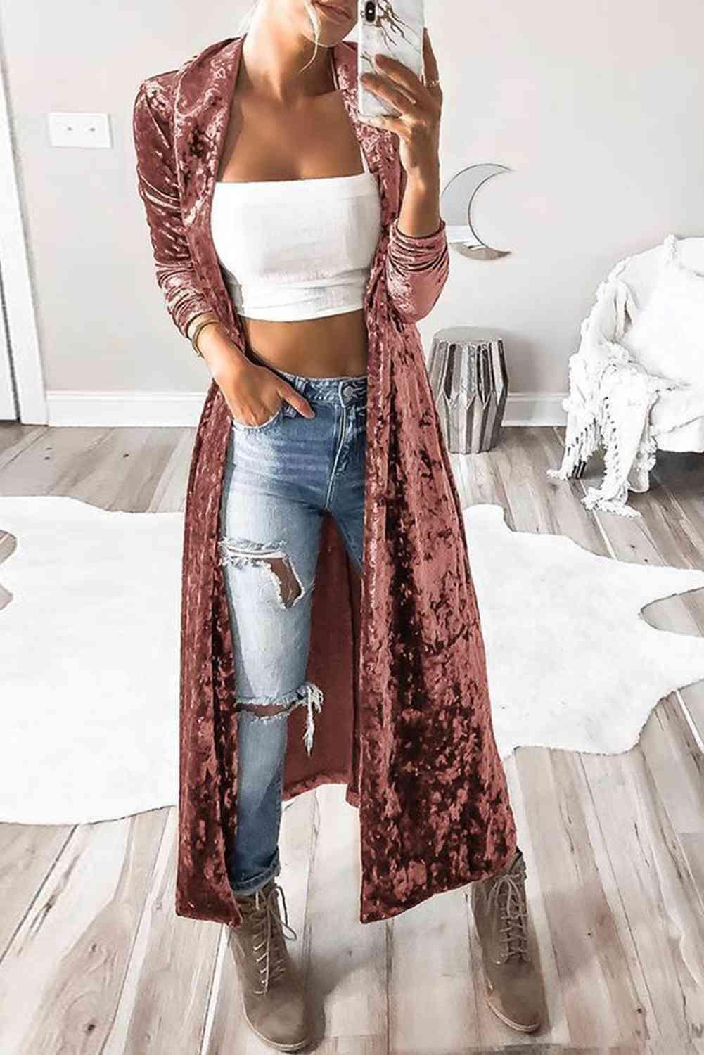 Open Front Longline Velvet Cardigan Cardigans Trendsi Pale Blush S 