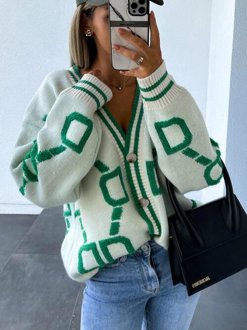 Geometric Dropped Shoulder Button Down Cardigan Cardigans Trend White S 