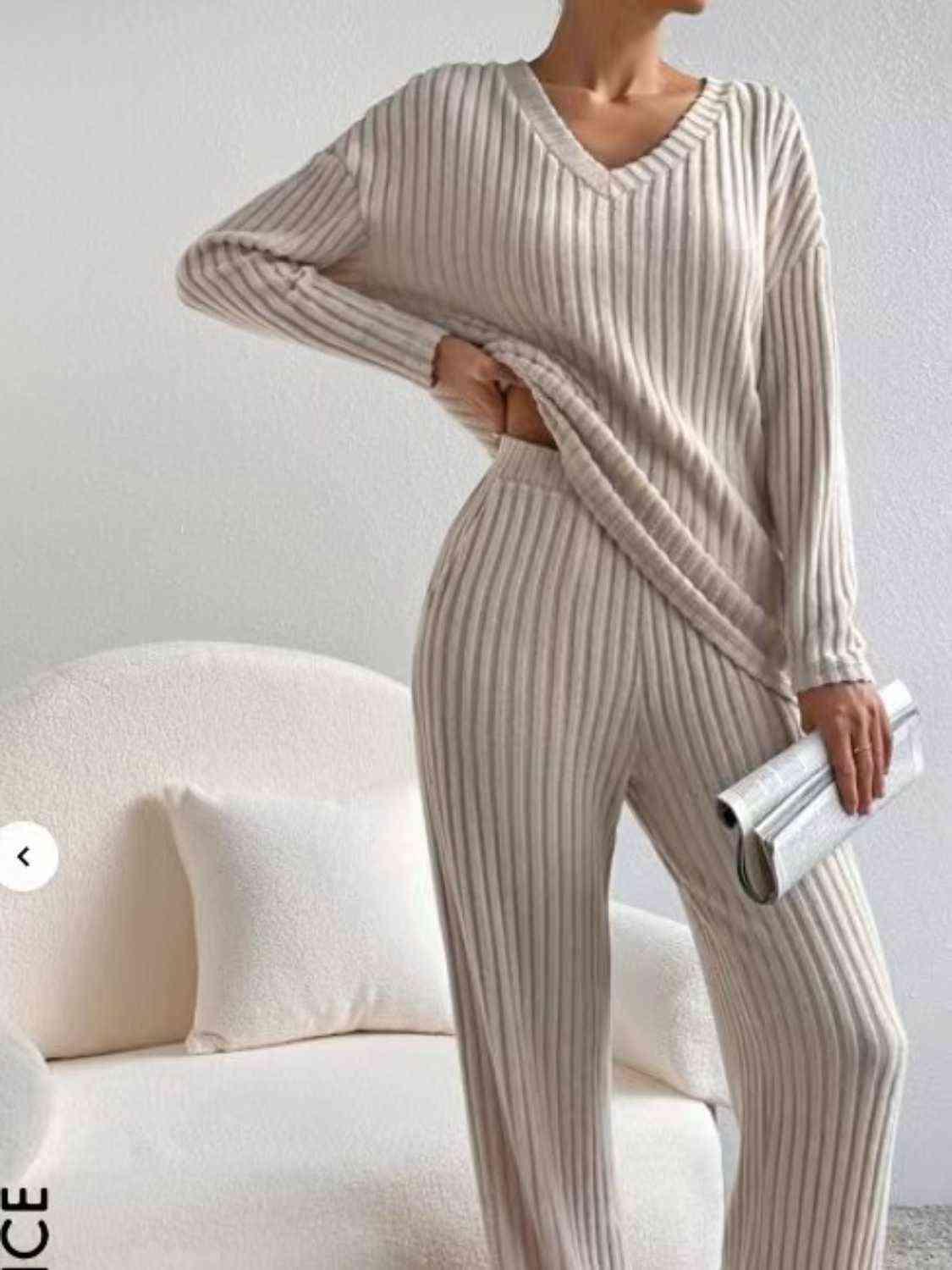 Ribbed V-Neck Long Sleeve Top and Pants Set Pant Set Trendsi   